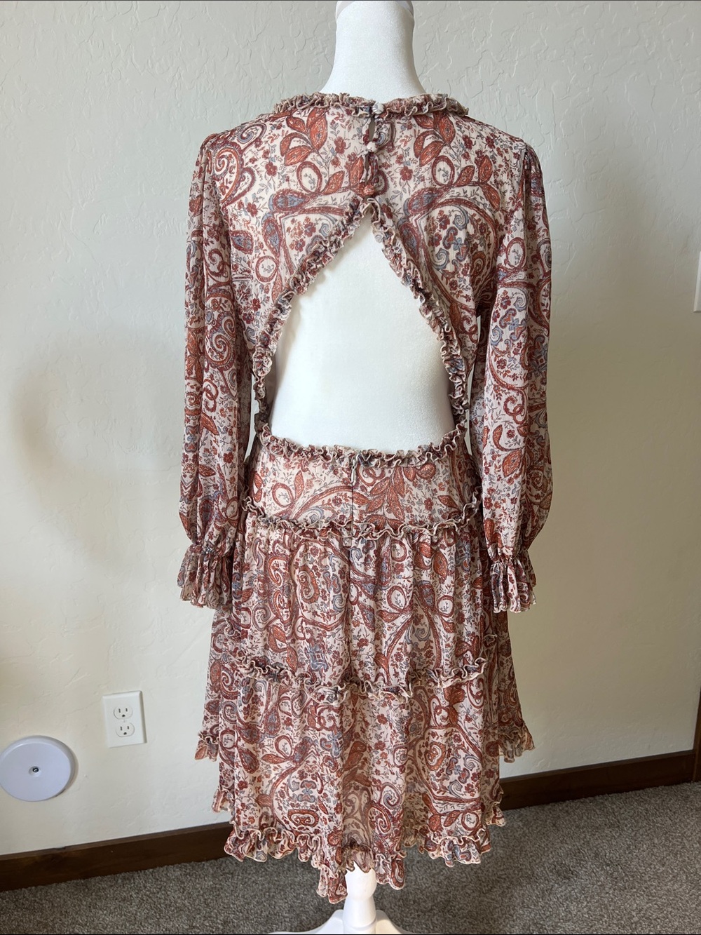 Venus Boho Chic Brown Creas Paisley Ruffle Tiered Open Back Mini Dress Sz 10 - Picture 8 of 9